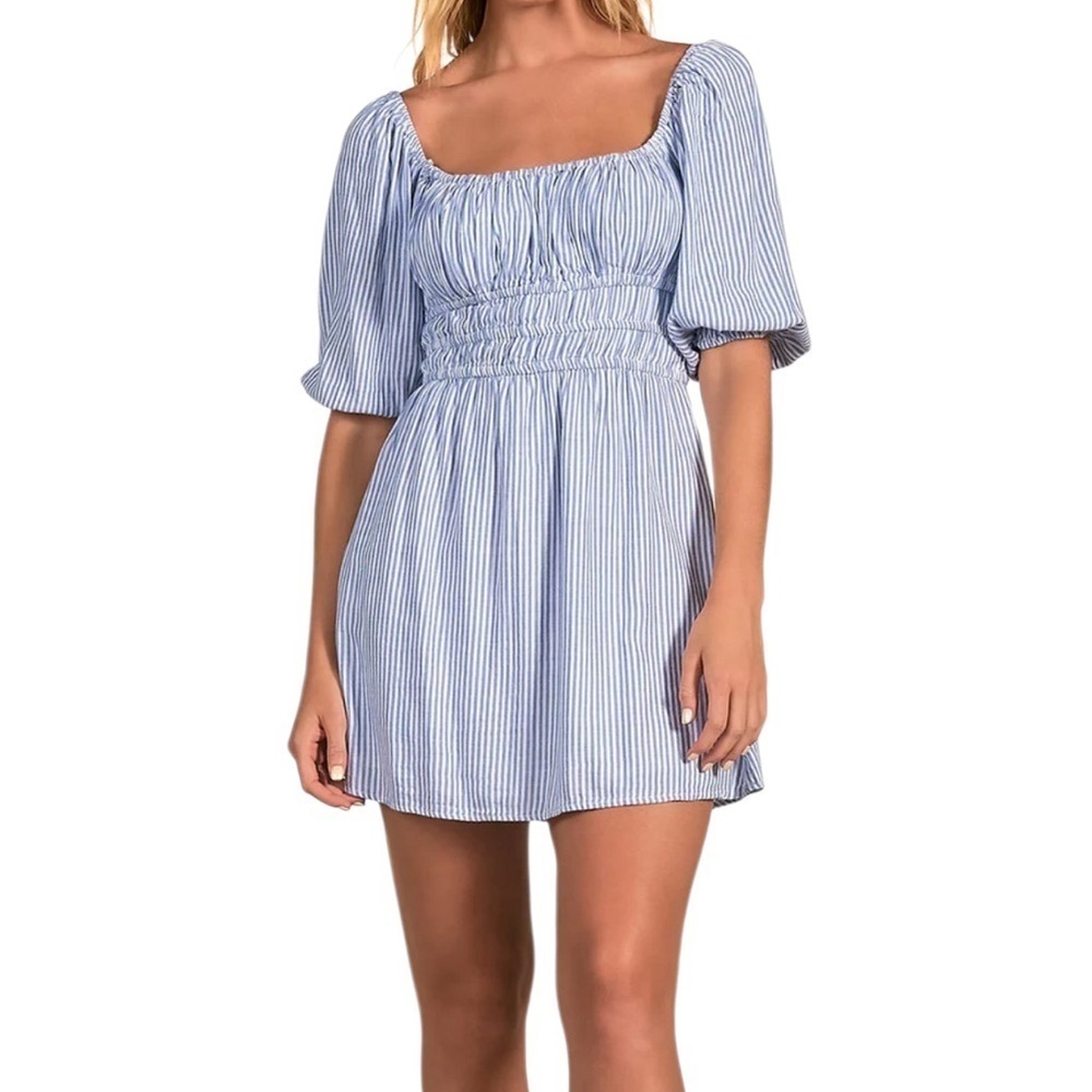 NWT ELAN Short Sleeve Smock Waist Square Neck Striped Mini Dress Size Large - Picture 2 of 4